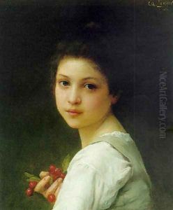 Portrait of a young girl with cherries by Lenoir Charles Amable