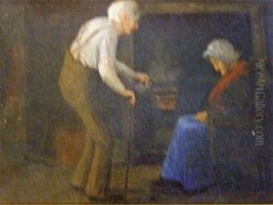 Signed , Oil, A Couple Warming Themselves Before A Cottage Fire, 7 1/2