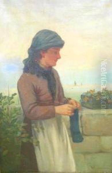 Portrait Of A Young Fisher Girl Knitting - view 1
