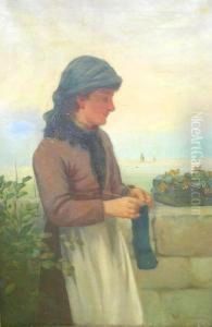 Portrait Of A Young Fisher Girl Knitting by David W. Haddon
