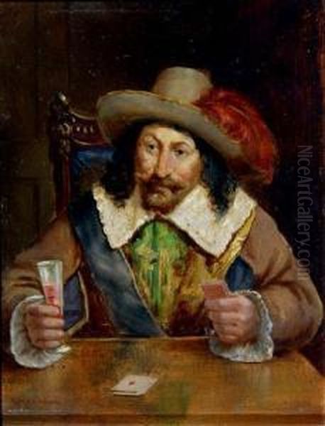 A Gentleman In 17th Century Dress Playing Cards At A Table - view 1