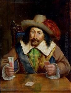 A Gentleman In 17th Century Dress Playing Cards At A Table