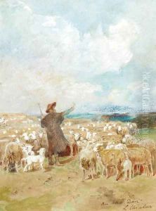 A shepherd with his flock by Luigi Chialiva