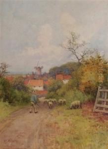 A Shepherd Driving A Flock Of Sheep Down A Country Lane