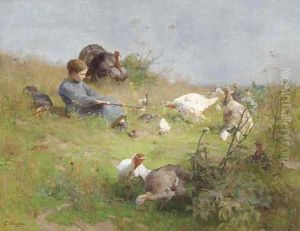 A Young Girl with a Flock of Turkeys by Luigi Chialiva