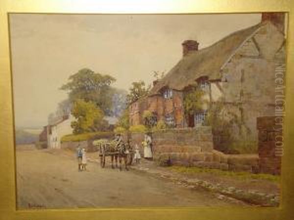 A Village Street Scene, Figures
Before A Flowersellers Donkey Cart Beside Half Timbered Cottages,
Signed, Watercolour - view 1