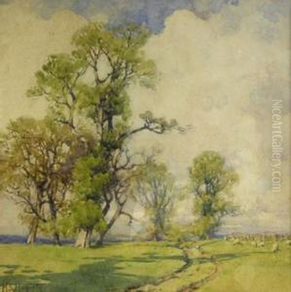 A Thatched Cottage With Trees And Sheep - view 1