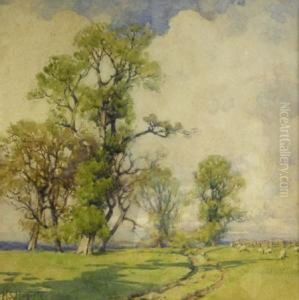 A Thatched Cottage With Trees And Sheep A Thatched Cottage With Trees And Sheep