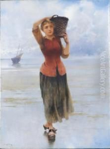 Fisherwoman On The Beach by August Wilhelm Nikolaus Hagborg
