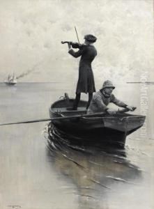 Violoniste Rejoignant Un Navire, En Grisaille