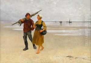 Fiskare Och Musselplockerska Pa Stranden by August Wilhelm Nikolaus Hagborg