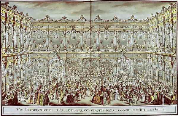 Perspective view of the ballroom constructed in the courtyard of the Hotel de Ville in Paris on the occasion of the Dauphin's first marriage to Marie-Therese (1638-83) Infanta of Spain - view 1