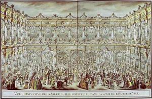 Perspective view of the ballroom constructed in the courtyard of the Hotel de Ville in Paris on the occasion of the Dauphin's first marriage to Marie-Therese (1638-83) Infanta of Spain by Charles-Nicolas II Cochin
