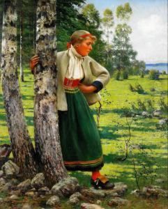 Sommarlandskap Med Ung Kvinna I Folkdrakt by August Wilhelm Nikolaus Hagborg