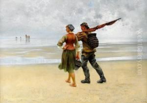 Fiskare Och Ostronplockerska Pa Stranden by August Wilhelm Nikolaus Hagborg