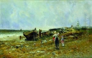 Fisherfolk By The Shore by August Wilhelm Nikolaus Hagborg