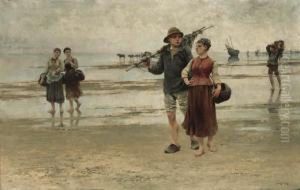 Fisherfolk On The Beach by August Wilhelm Nikolaus Hagborg
