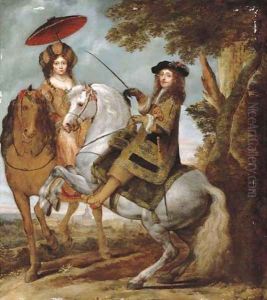 An equestrian portrait of an elegant gentleman and lady in a wooded landscape, a village beyond by Gonzales Coques