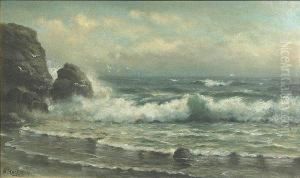 A Flock Of Gulls Above Crashing Waves