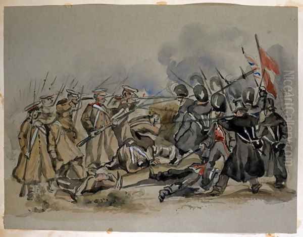 A conflict between Guards and Russian Troops during the Crimean War, from an album of paintings and sketches known as 'Cadogan's Crimea', c.1856 - view 1
