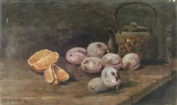 A Still Life With A Kettle, Plums And Oranges - view 1
