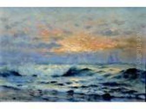 Impressionistic Sunset Coastal Scene With Distant Sailboats by Nels Hagerup