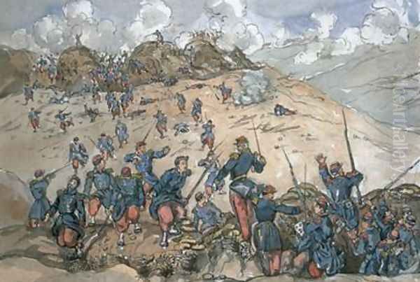Attack of the Bastion Central by the French troops under General Desalles during the Siege of Sebastopol, from an album of paintings and sketches known as 'Cadogan's Crimea', 1854-56 - view 1