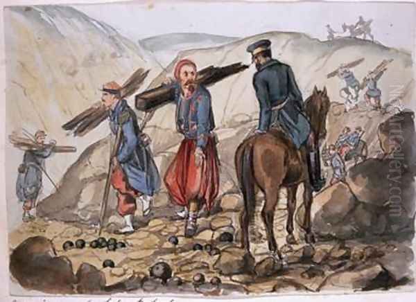A ravine of Sebastopol after the explosion in the mamelon vert: a Zouave collects wood from the remains, from an album of paintings and sketches known as 'Cadogan's Crimea', 1854-56 - view 1