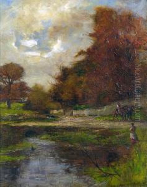 An Autumn Backwater, With Figures And Horses - view 1