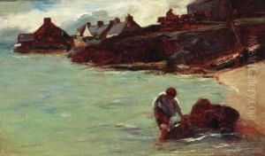Figures In A Cove, A Village Beyond