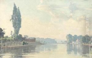 River Scene With Poplar Trees
