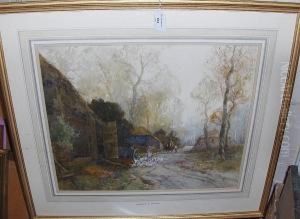 Woman Herding Geese Before A Barn On A Country Lane by George Charles Haite