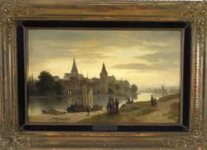Blick Auf Eine Mittelalterliche
Stadt Am Flussufer In Abendlicher Landschaft Mit Reicher
Personenstaffage by Ludwig Halauska
