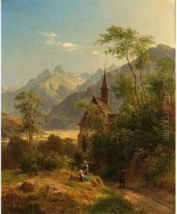 Peasants In An Alpine Landscape Near A Church by Ludwig Halauska
