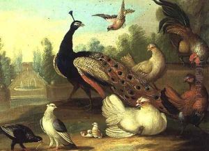 A Peacock Doves Chickens and a Jay in a Park by Marmaduke Craddock