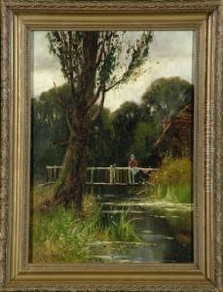 A Woman On A Rustic Bridge Near A Watermill - view 1
