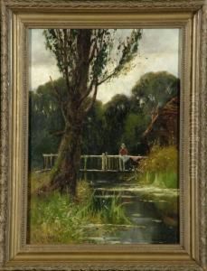 A Woman On A Rustic Bridge Near A Watermill by Richard William Halfnight