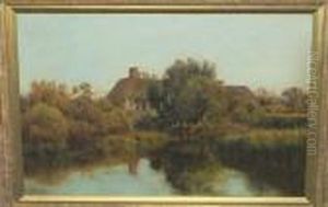Summer River Landscape With 
Swallows Above A Pond In The Foreground With Thatched Cottages Amongst 
Trees And A Mother And Child Beside A Doorway Beyond Signed