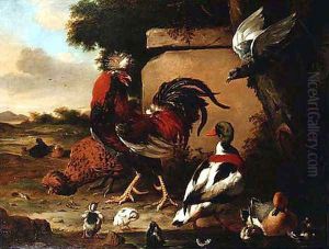 Cockerel with Ducks, Ducklings and Pigeon by Marmaduke Craddock