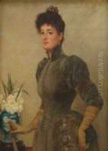 Hall, Portrait Of Alady Standing By A Vase Of Flowers