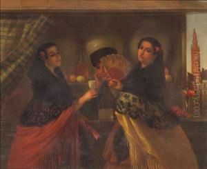 Ladies In Traditional Sevillan 
Dress At A Vendor's Stall With The Giralda Tower Of Seville Beyond