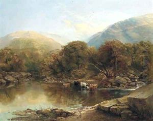 'Afternoon' Cattle watering by a lake in a mountainous landscape by Thomas Creswick
