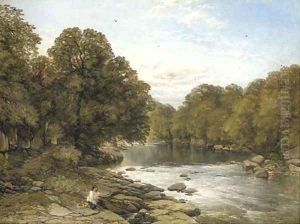 A wooded river landscape with a mother and child seated on the bank by Thomas Creswick