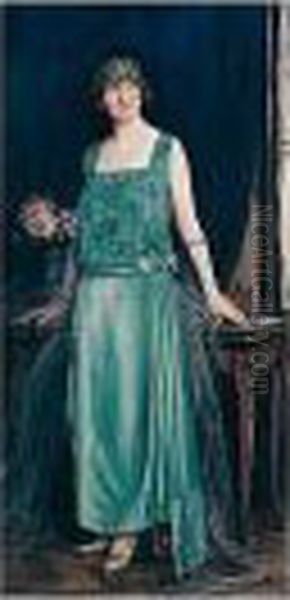 Full Length, Standing, Wearing A
Green Dress And Matching Bandeau, Flowers On A Table To The Left - view 1