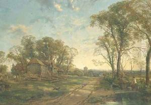 View in Surrey, with figures and a dog by a barn, a church tower beyond