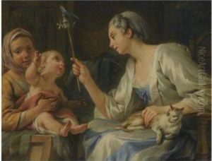 An Interior With Two Women Entertaining A Child by Noel Halle