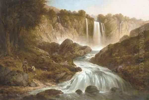 Anglers by a waterfall - view 1