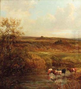 Cattle watering in an extensive landscape by Thomas Creswick