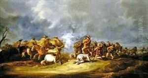 A Calvary Charge mounted troops attacking a musket block by Benjamin Gerritsz. Cuyp