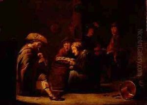 Tavern interior with two singers and a bagpiper